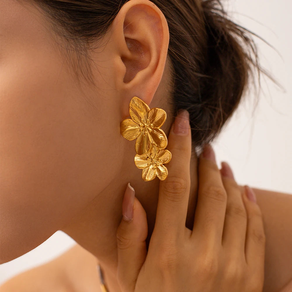 Gold Plated Stainless Steel Flower Drop Earrings