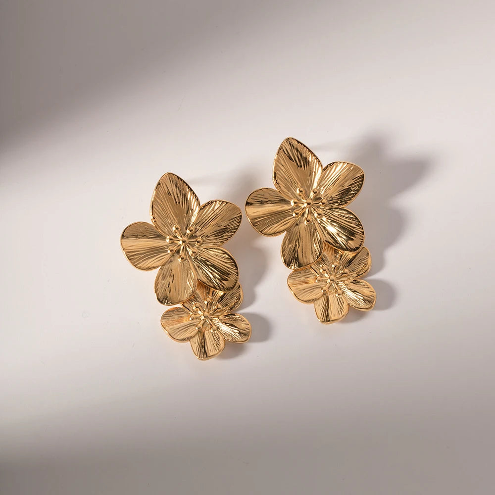 Gold Plated Stainless Steel Flower Drop Earrings