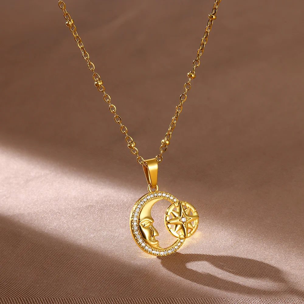 Zircon Moon Star Pendant Necklaces