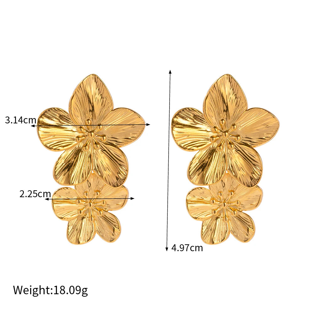 Gold Plated Stainless Steel Flower Drop Earrings