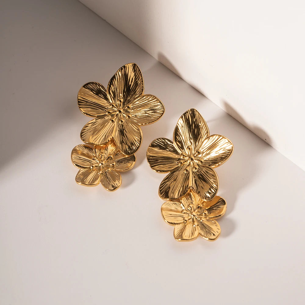 Gold Plated Stainless Steel Flower Drop Earrings