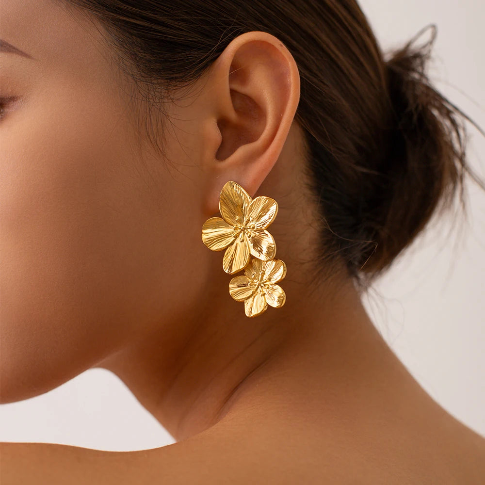 Gold Plated Stainless Steel Flower Drop Earrings