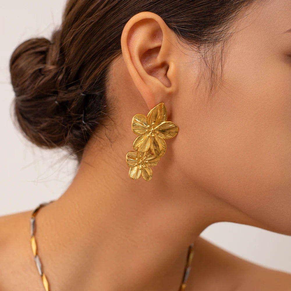 Gold Plated Stainless Steel Flower Drop Earrings